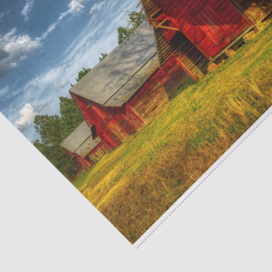 Bauernhof mit einer Reihe roter Barnen Seidenpapier (Ausschnitt)