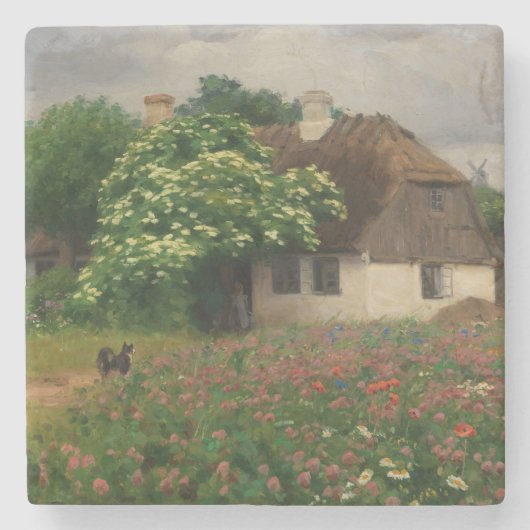 Bauernhof mit Wiese-Blume Steinuntersetzer (Vorderseite)