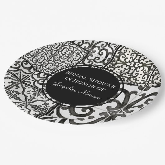 Bauernhof Muster Schwarz-weißes Brautparty Pappteller (Schrägansicht)