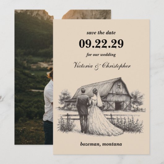 Bauernhof-Paar Termin speichern Save The Date (Vorne/Hinten)
