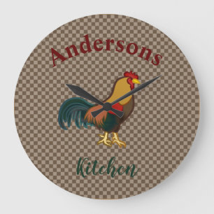 Bauernhof Rooster Design Gingham Hühneruhr Große Wanduhr