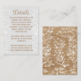 Bauernhof Rustic Burlap lace Hochzeit Detail Begleitkarte