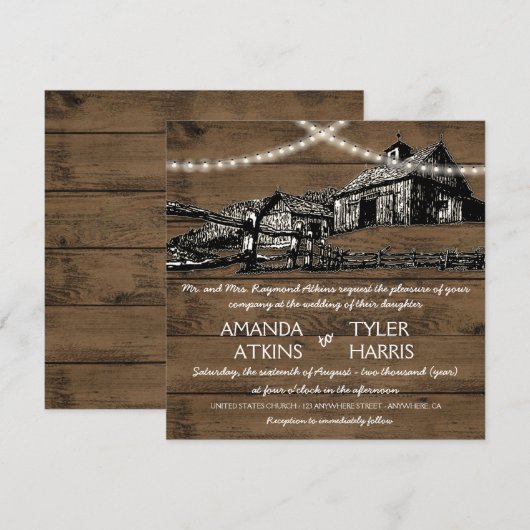 Bauernhof Rustic String Lights Barn Wedding Einlad Einladung (Vorne/Hinten)