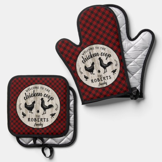 Bauernhof Rustikales Kariertes Holzhühnchen Coop C Ofenhandschuh & Topflappen-Set (Vorderseite/Rückseite)