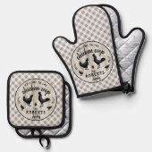 Bauernhof Rustikales Kariertes Holzhühnchen Coop C Ofenhandschuh & Topflappen-Set (Vorderseite/Rückseite)