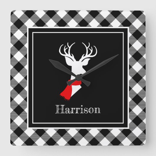 Bauernhof Schwarz-weiß Karierter Schick Hirsch Per Quadratische Wanduhr (Vorderseite)