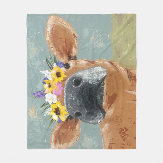 Bauernhof-Spaß - Kuh mit Blumen-Krone Fleecedecke (Vorderseite)