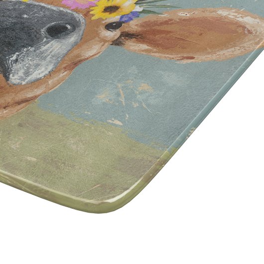 Bauernhof-Spaß - Kuh mit Blumen-Krone Schneidebrett (Ecke)