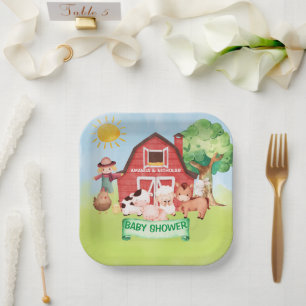 Bauernhof Süße Tiere Grün Babyparty  Pappteller