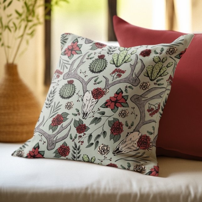 Bauernhof Weihnachten Blumentauber Schädel Antler Kissen (Festive Southwestern Christmas Pillow. Chic Deer Skull, Antlers, Red Roses, Cacti & Poinsettias.)