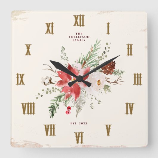 Bauernhof Weihnachten Winter Poinsettia Rustikal Quadratische Wanduhr (Vorderseite)