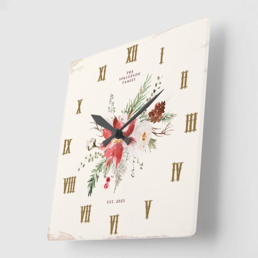 Bauernhof Weihnachten Winter Poinsettia Rustikal Quadratische Wanduhr (Winkel)