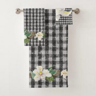 Bauernhof White Magnolia Blätter Schwarzer Karo R Badhandtuch Set