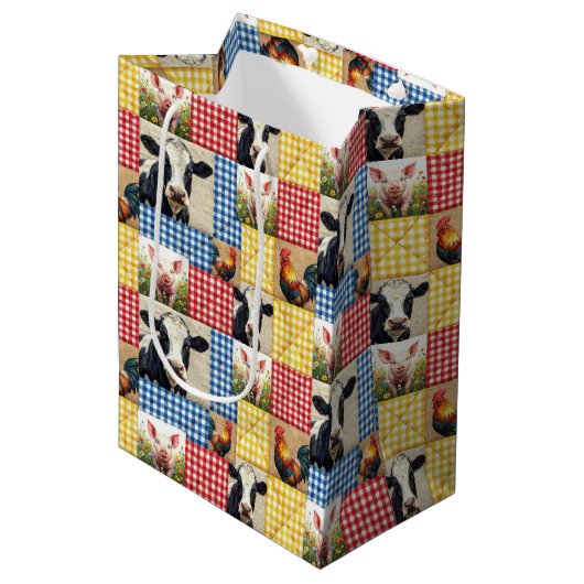 Bauernhoftiere-Quiltmuster Mittlere Geschenktüte (Vorderseite Schrägansicht)