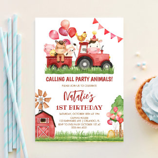 Bauernhoftiere, Stall, Ranch Mädchen 1. Geburtstag Einladung