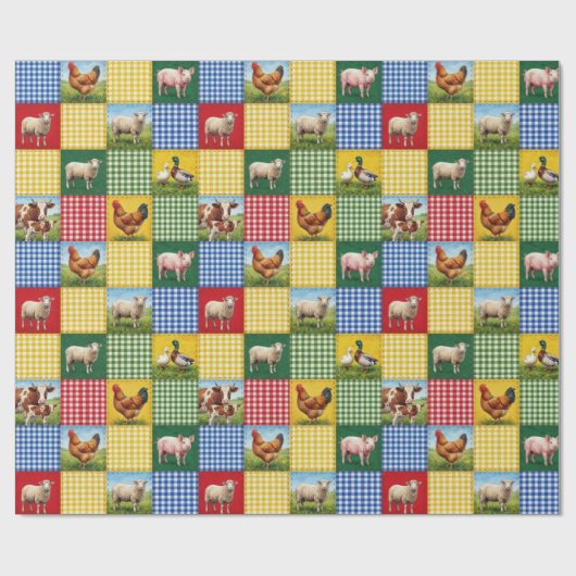 Bauernhoftiere und Gingham-Patchwork-Quilt Geschenkpapier (Flach)