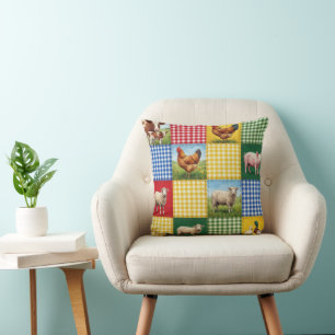 Bauernhoftiere und Gingham-Patchwork-Quilt Kissen