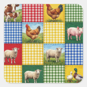 Bauernhoftiere und Gingham-Patchwork-Quilt Quadratischer Aufkleber