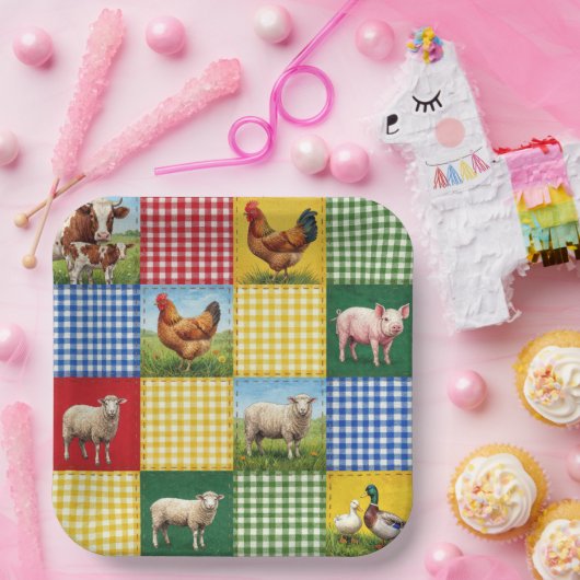 Bauernhoftiere und Gingham-Patchworkdecke Pappteller (Party)