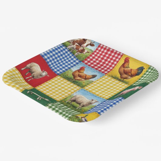 Bauernhoftiere und Gingham-Patchworkdecke Pappteller (Gewinkelt)