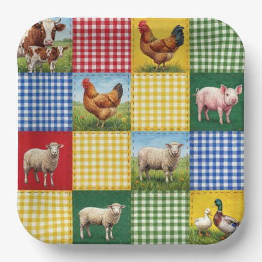 Bauernhoftiere und Gingham-Patchworkdecke Pappteller (Vorderseite)