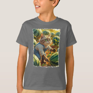 Bauernkatze, die seinen Wassermelone-Pflaster krau T-Shirt