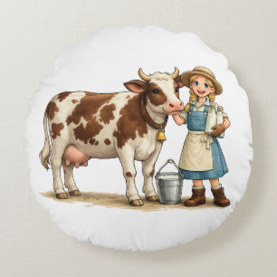 Bauernmädchen mit Kuh, niedliche ländliche Molkere Rundes Kissen