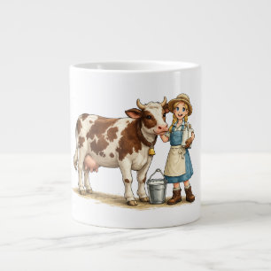 Bauernmädchen mit Kuh, niedliche Molkerei-Landscha Jumbo-Tasse