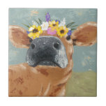 Bauernspass - Kuh mit Blume Crown Fliese<br><div class="desc">Farm Fun II von Jade Reynolds. Eine braune Kuh trägt eine Blume.</div>