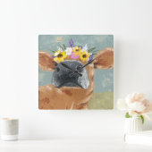Bauernspass - Kuh mit Blume Crown Quadratische Wanduhr (Zuhause)