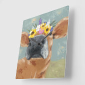 Bauernspass - Kuh mit Blume Crown Quadratische Wanduhr (Winkel)