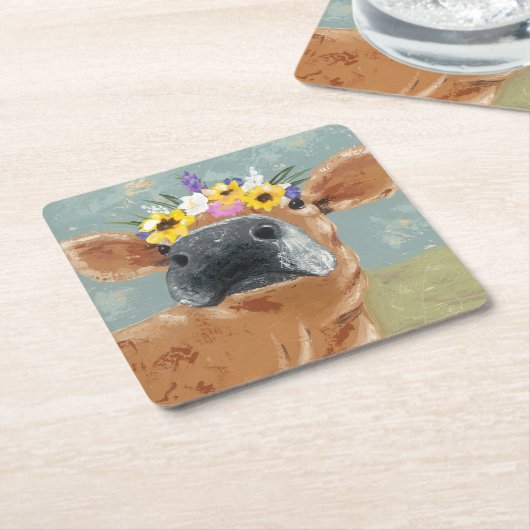 Bauernspass - Kuh mit Blume Crown Rechteckiger Pappuntersetzer (angewinkelt)