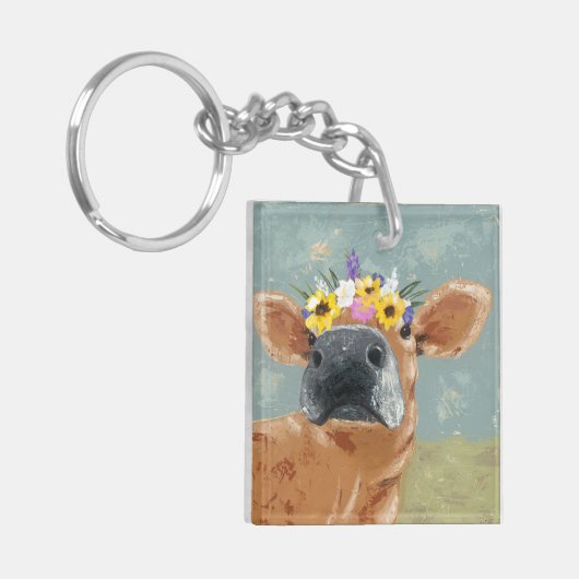 Bauernspass - Kuh mit Blume Crown Schlüsselanhänger (Vorderseite links)