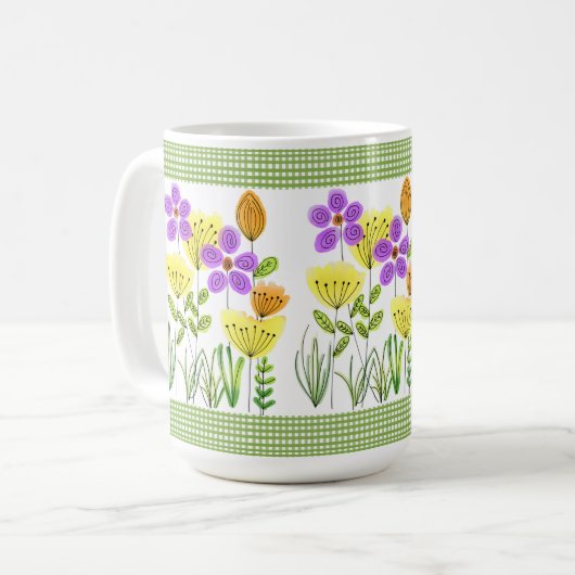Bauernstil-Blume mit Green Gingham Kaffeetasse (Vorderseite Links)