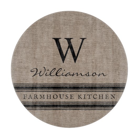 Bauernstil Burlap Mit Monogramm Familienname Schneidebrett (Vorderseite)