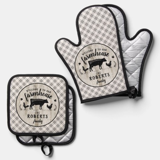 Bauernstil Rustikale Karierte Stallholzkuh Ofenhandschuh & Topflappen-Set (Vorderseite/Rückseite)
