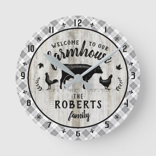 Bauernstil Rustikale Karierte Stallholzkuh Runde Wanduhr (Vorderseite)