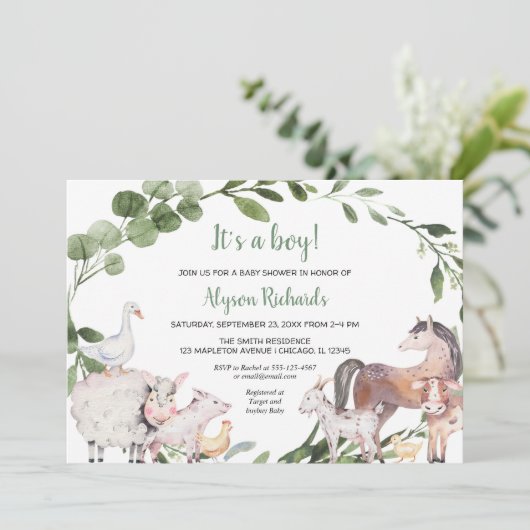 Bauerntiere Aquarell Junge Dusche Einladung (Stehend Vorderseite)