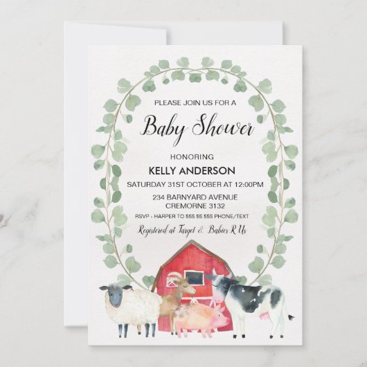 Bauerntiere mit Kinderdusche Einladung (Vorderseite)