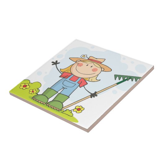 Bauersmädchen mit einer Rührstange im Gras Fliese (Seite)