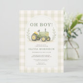 Bauerstraktor Gingham Babyparty Einladung (Stehend Vorderseite)