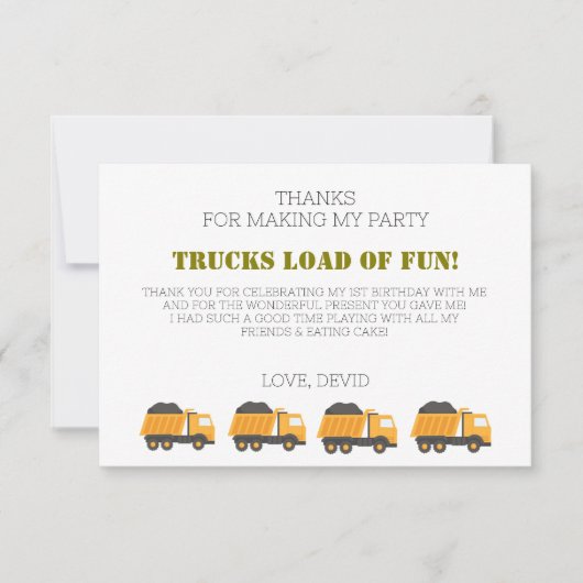 Baufahrt Geburtstag Danke Karte (Vorderseite)