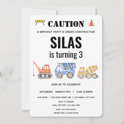 Baufahrzeug zum Geburtstag Einladung (Vorderseite)