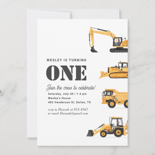 Baufahrzeuge 1. Geburtstag Party Einladung (Vorderseite)
