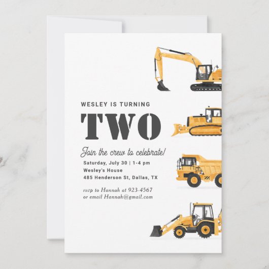 Baufahrzeuge 2. Geburtstag Party Einladung (Vorderseite)
