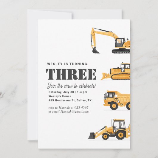 Baufahrzeuge 3. Geburtstag Party Einladung (Vorderseite)