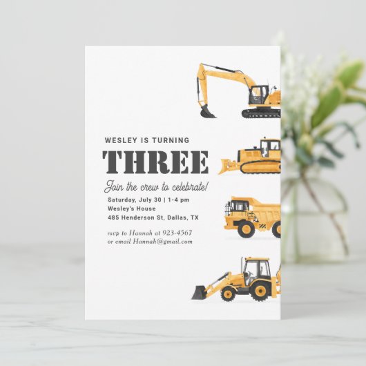 Baufahrzeuge 3. Geburtstag Party Einladung (Stehend Vorderseite)