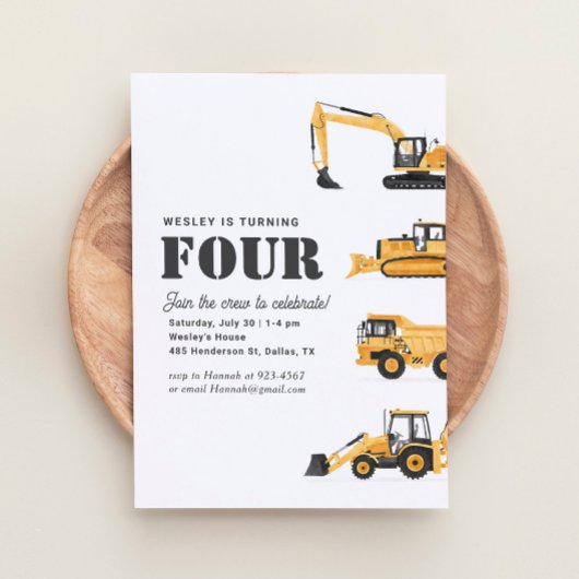 Baufahrzeuge 4. Geburtstag Party Einladung