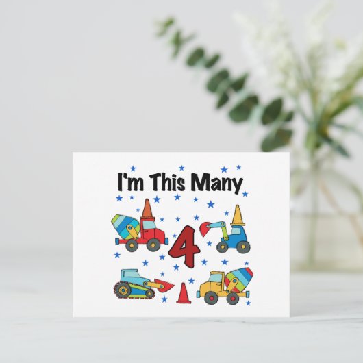 Baufahrzeuge 4. Geburtstag T - Shirt Postkarte (Stehend Vorderseite)