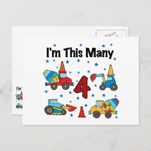 Baufahrzeuge 4. Geburtstag T - Shirt Postkarte (Vorne/Hinten)